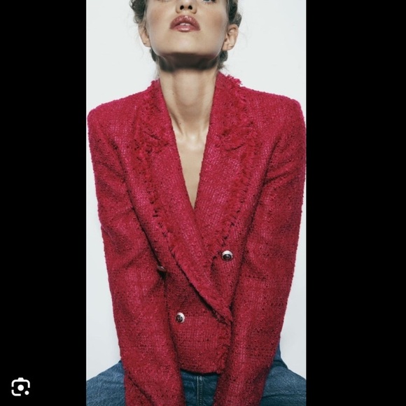 Zara Textured Blazer Frayed Lapel Fuschia XS - Picture 3 of 9